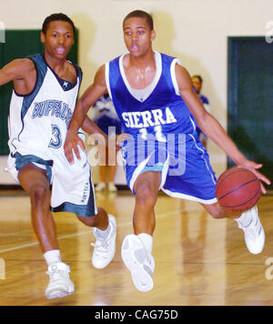 Joueur de basket-ball Haute Sierra Christian Williams défile Manteca's Kiwi Gardner pendant leur match à Manteca High le mercredi 13 février 2008 à Manteca, en Californie(Gina Halferty/San Joaquin Herald) Banque D'Images