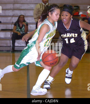 Joueur de basket-ball Haut Tracy Cezzalene Saoudite durs la balle passé Chavez's Jessica Dunham pendant leur match à Tracy High School le mardi 22 janvier, 2008 à Tracy, en Californie(Gina Halferty/San Joaquin Herald) Banque D'Images