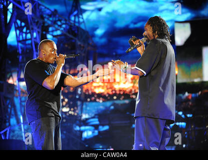 Apr 22, 2012 - Indio, California, USA - Artiste RAP DR. DRE et Snoop Dogg exécute dans le cadre de la Coachella 2012 Music & Arts Festival qui aura lieu à l'Empire Polo Field. Les trois jours du festival permettra d'attirer des milliers de fans pour voir une variété d'artiste sur cinq étapes différentes. Copyrig Banque D'Images