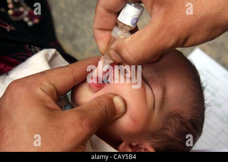 Un travailleur de la santé administre le vaccin contre la poliomyélite chute à un enfant pendant trois jours dans la campagne anti-polio Chaman le Lundi, Mai 07, 2012. Banque D'Images