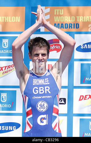 27.05.2012. Madrid, Espagne. Triathlon ITU World Series MAdrid - Campeonato del mundo de triatlon ; Hommes Elite Series Test - Gagnant Jonathan Brownlee, de Grande-Bretagne Banque D'Images