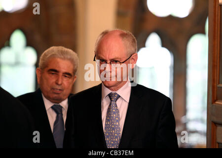 Herman Van Rompuy président du Conseil européen, lors de la réunion avec le président chypriote Demetris Christofias à Nicosie, Chypre Banque D'Images