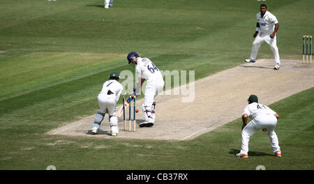 28.05.12 Hove, Angleterre. LV = County Championship - Division One. Sussex v Bretagne Jour 4 de 4. Samit Patel de Bretagne obtient un guichet contre Steve Magoffin de Sussex dans leur match joué à l'PROBIZ rez le 28 mai 2012 à Hove, Angleterre. Banque D'Images