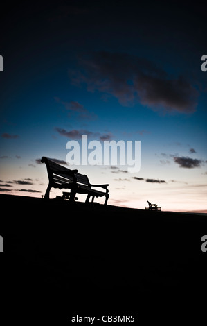Silhouettes de bancs de parc vide contre l'horizon d'un ciel crépusculaire, UK Banque D'Images