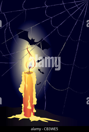 Illustration de l'halloween avec bougie, chauves-souris et d'araignee Banque D'Images