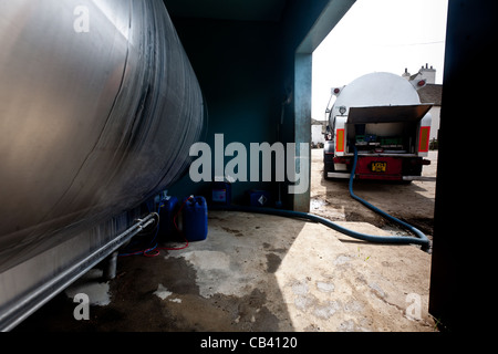 Camion de lait le lait de collecte une ferme laitière à Surrey, Royaume-Uni. Le lait après les vaches sont traites est stockée dans un grand bassin Banque D'Images