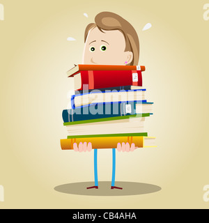 Illustration d'un bibliothécaire chargé tenant une lourde pile de livres Banque D'Images
