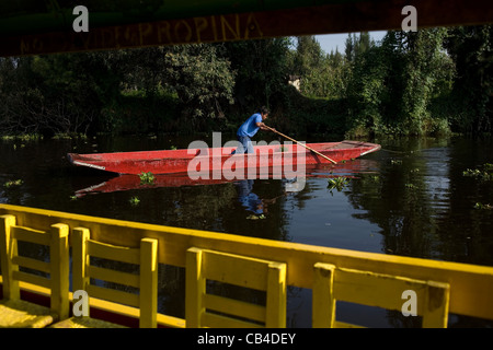 Un homme utilise un bateau à travers le canal de Xochimilco, au sud de Mexico City Banque D'Images