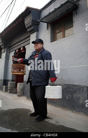 Vieil homme en robe traditionnelle travailleur chinois porte oiseaux en cage dans le Hutong, Beijing, China, Asia Banque D'Images