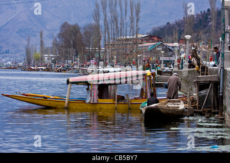 Scène quotidienne de la vie du lac Dal, Srinagar, Cachemire, Inde, avec des bateaux de campagne locaux de Kashmiris et shikara près du ferry. Banque D'Images