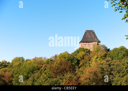 Garder des partiellement restauré château Nideggen (Burg Nideggen) à la recherche sur la vallée de la rivière Rur dans la région de l'Eifel. Banque D'Images