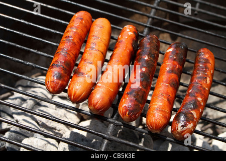 Six hot-dogs grillés juteux sur un grill au charbon à l'extérieur par une journée ensoleillée. Banque D'Images