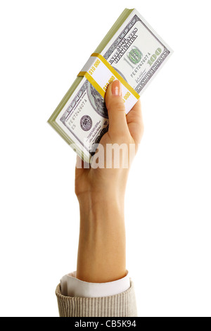 Image des femmes hand holding dollar bill sur un fond blanc Banque D'Images