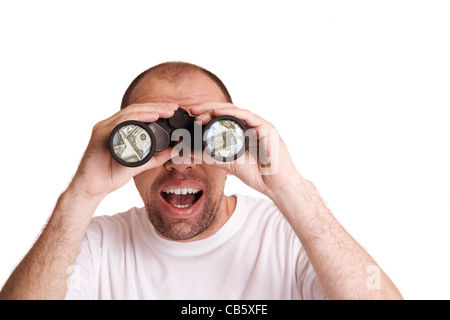 Homme avec des jumelles isolé sur fond blanc Banque D'Images