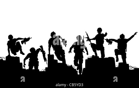 L'Illustre silhouettes de soldats armés avant de charge Banque D'Images