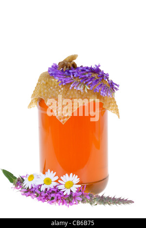 Le miel de fleurs en pot et isolé sur fond blanc Banque D'Images