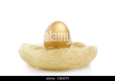 Un seul oeuf d'or dans le nid isolé sur fond blanc Banque D'Images