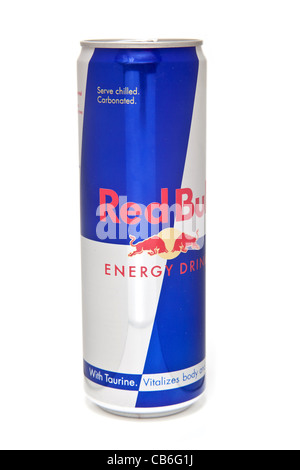 Peut de Redbull energy drink isolated on a white background studio. Banque D'Images