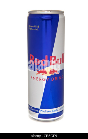 Peut de Redbull energy drink isolated on a white background studio. Banque D'Images