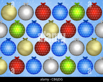 Boules de couleur de Noël sur un fond bleu avec des flocons Banque D'Images