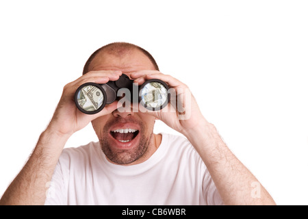 Homme avec des jumelles isolé sur fond blanc Banque D'Images