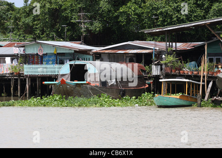 Bateau et de jacinthes d'eau le long de la rivière Chao Phraya, Bangkok, Thaïlande Banque D'Images