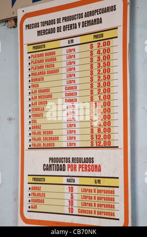 Le tableau indique les disponibilités limitées et produits dans un marché d'épicerie en fonction le jour de la semaine, La Havane (Cuba), La Havane Cuba Banque D'Images