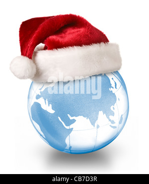 Planète Noël concept - Santa hat le globe de verre cristal isolé sur fond blanc Banque D'Images