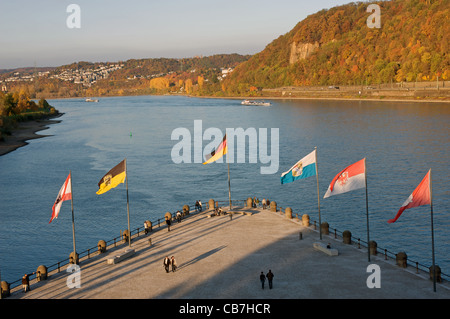 'Corner' Koblenz, Rhénanie du Nord-Westphalie, Allemagne. Banque D'Images