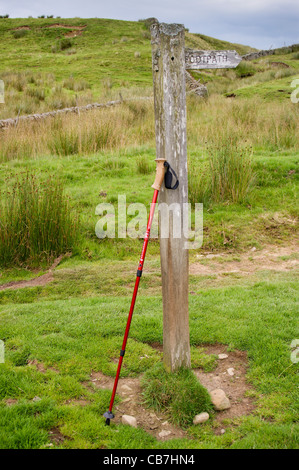 Sentier signe en Stonesdale ouest sur le Pennine Way près de Keld, Yorkshire Dales National Park, North Yorkshire, Angleterre avec un pôle de marche Banque D'Images