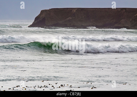 White-capped, le fracas des vagues et des vagues sur l'océan Pacifique au point d'entrée d'arène pier sur la côte Pacifique de la Californie du Nord. Banque D'Images