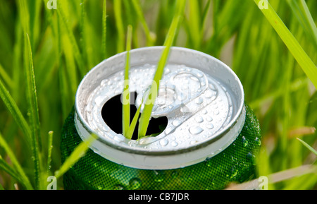 Ouvert en aluminium vert pouvez (bouteille) dans l'herbe verte. L'herbe pousse par le can Banque D'Images