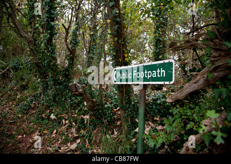 Sentier Public signer dans un boisé lane, Devon, Angleterre Banque D'Images