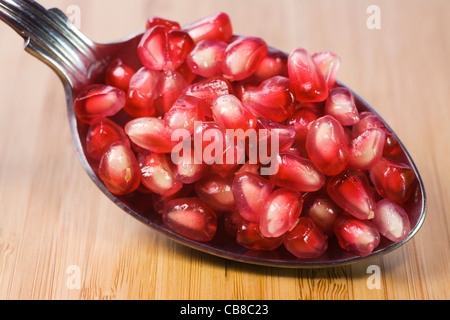 Punica granatum. Une cuillerée d'arilles de grenade sur un bambou. Banque D'Images