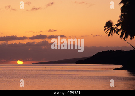 Coucher de soleil sur Molokai à Kamehameha Coconut Grove à l'égard de Mauna Loa Banque D'Images