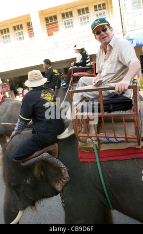 Tourist sur le dos d'un éléphant pendant le coloré le Roundup à Surin, Thaïlande. Banque D'Images