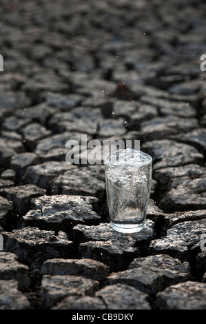 Verre de l'eau bouillonnante sur terre craquelée à sec Banque D'Images