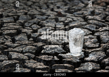 Verre de l'eau bouillonnante sur terre craquelée à sec Banque D'Images