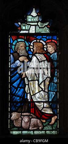 Vitrail de Morris et Co. représentant l'accusation à St Pierre, St Andrew's Church, Old Cleeve, Somerset, Angleterre Banque D'Images