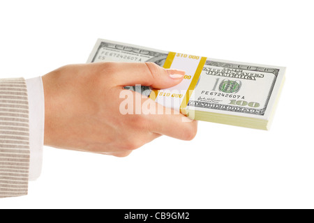 Image des femmes hand holding dollar bill sur un fond blanc Banque D'Images