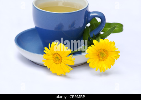 Tasse de thé et des fleurs de calendula Banque D'Images