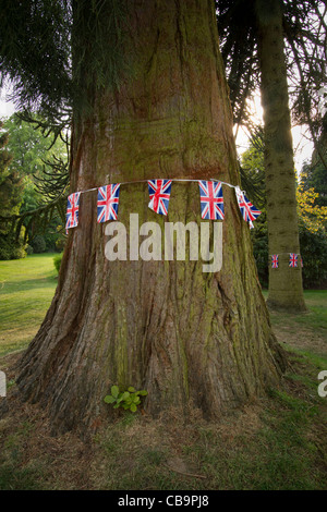 Bunting autour d'un arbre dans un cadre rural, l'Union Jack drapeaux, Surrey, UK Banque D'Images