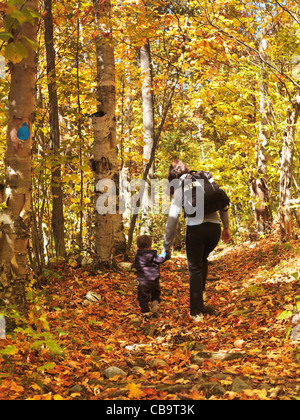 Femme avec un enfant à marcher le long d'un sentier de randonnée à l'automne la nature paysage. Le Parc provincial Killarney, Ontario, Canada Banque D'Images