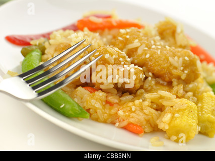 Viande blanche de poulet avec du riz, de légumes et de graines de sésame dans une sauce mandarine Banque D'Images