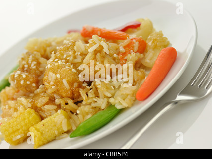 Viande blanche de poulet avec du riz, de légumes et de graines de sésame dans une sauce mandarine Banque D'Images