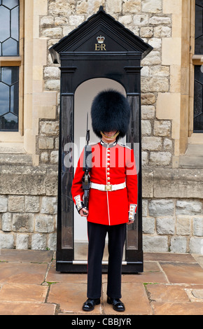 La Queen's Guard debout à Waterloo Barracks Tour de Londres. Banque D'Images