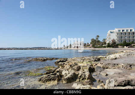 Rivage rocheux à Cala Bona sur l'île des Baléares de Majorque. Espagne Banque D'Images