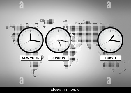 Carte du monde abstrait dont l'horloge représentant différents fuseaux horaires dans les grandes villes comme Tokyo, Londres et New York. Banque D'Images