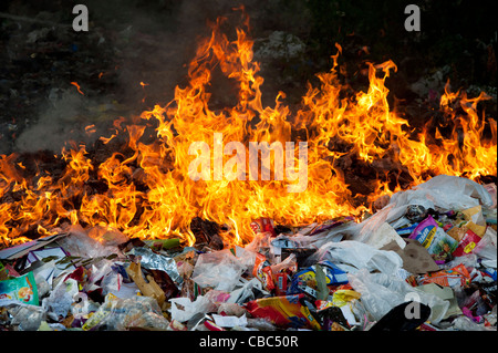 La combustion de déchets ménagers dans la campagne indienne Banque D'Images