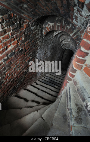 Escalier de pierre étroites avec plafond voûté dans la cité médiévale du château de Beersel, Belgique Banque D'Images